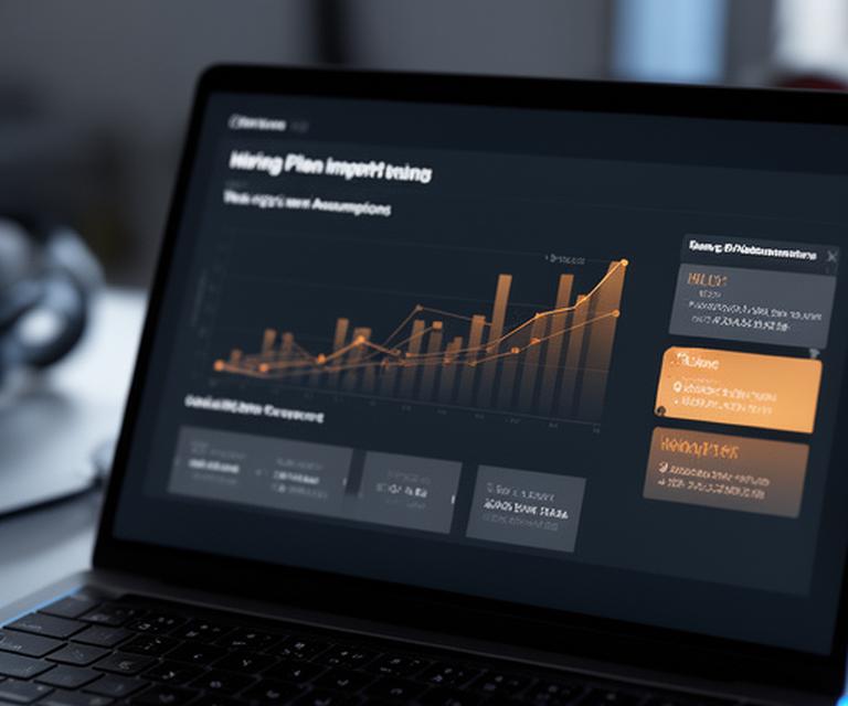 Financial planning dashboard with hiring plan impact charts and team growth assumptions on a laptop screen